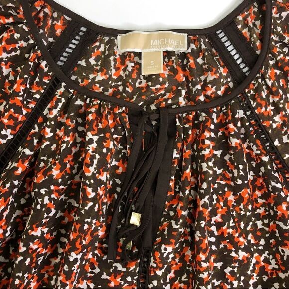 Michael Kors Long sleeve blouse Tie Neck Size Small Brown Orange White - Picture 4 of 7